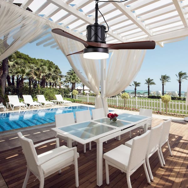 42 in. Black and Brown Outdoor Modern Ceiling Fan with LED Light and Remote, 6 Speed DC Motor Waterproof Ceiling Fan