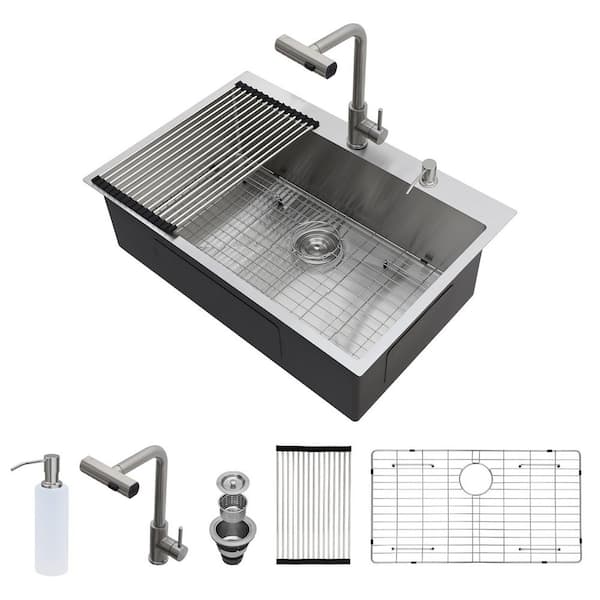 33 in. Drop-In Single Bowl 16-Gauge Brushed Nickel Stainless Steel Kitchen Sink with Pull-Out Faucet and Bottom Grids
