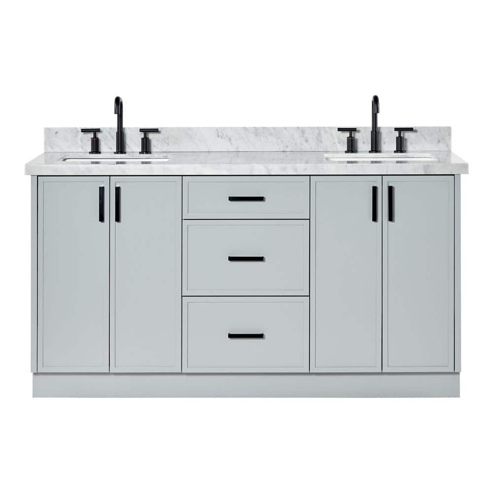 Gray Wood Double Sink Freestanding Vanity with Carrara Marble Top