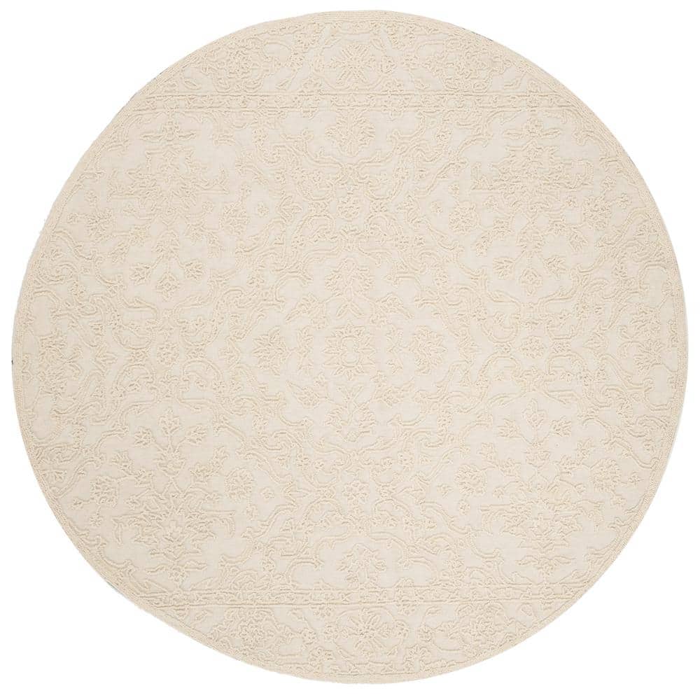 Ivory Floral Handmade Wool Round Area Rug, 6' Diameter