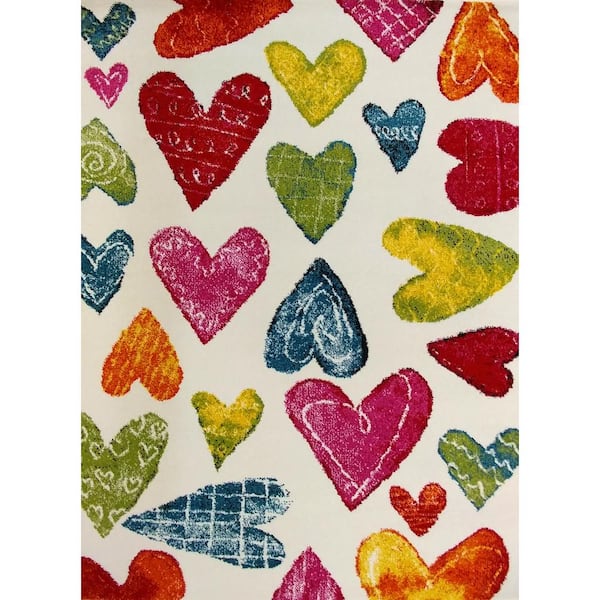 KC CUBS Multi-Color Kids Children and Teen Bedroom and Playroom Colorful Hearts Design 4 ft. x 5 ft. Area Rug