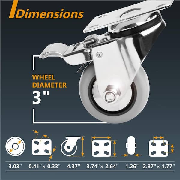 3 in. Swivel Plate Caster Wheels with Brake and 880 lbs. Loads, Dual Locking PU Castor Wheels (8-Pack)