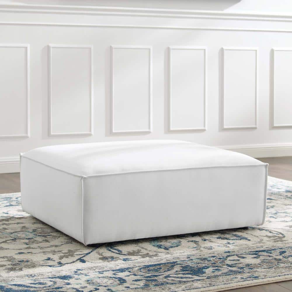 White Polyester Upholstered Round Ottoman