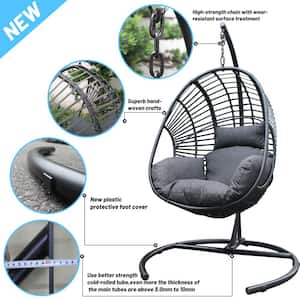 1-Person Black PE Wicker Outdoor Patio Egg Hanging Swing Chair with Gray Custion
