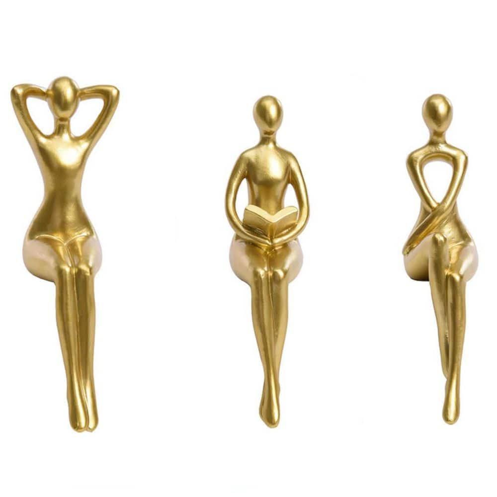 3Pcs 6.8 in x 3.54 in. Gold Thinker Resin Statue Abstract