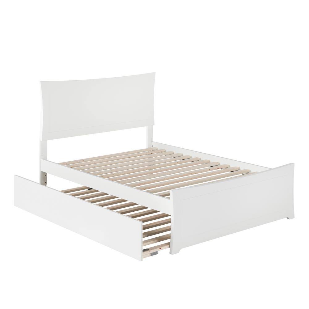 White Full Platform Bed with Wood Headboard and Twin Trundle
