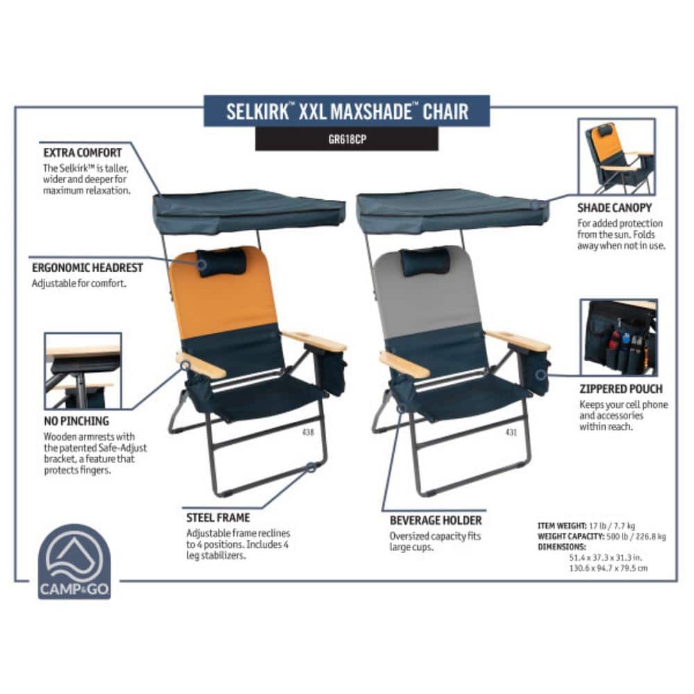 Gray and Black Steel Frame XXL Camping Chair with Wood Arms