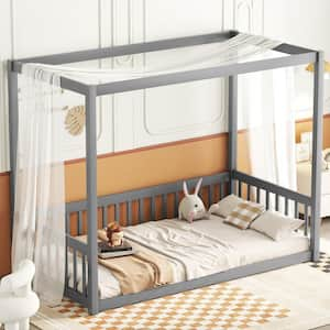 Gray Wood Frame Twin Size Platform Bed with Canopy Frame, Fence Guardrails