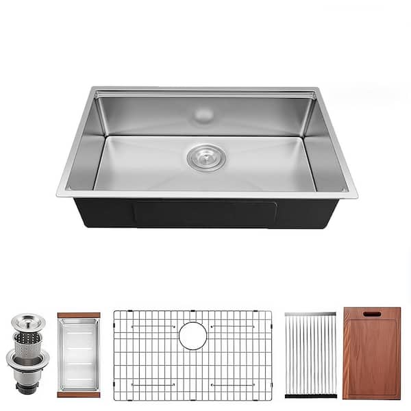 33 in. Undermount Single-Bowl 18-Gauge Brushed Nickel Stainless Steel Kitchen Sink with Cutting Board, Colander
