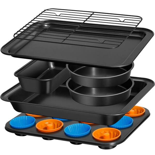 19-Piece Dark Gray Baking Pans Set, Including Baking Tray, Cookie Sheet, Cake Pans, Loaf Pan, Muffin Pan, Silicone Cups