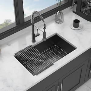 30 in. Undermount Single Bowl 18 Gauge Gunmetal Black Stainless Steel Kitchen Sink with Bottom Grids