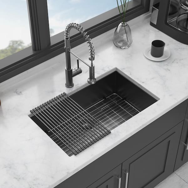 Unbranded 30 in. Undermount Single Bowl 18 Gauge Gunmetal Black Stainless Steel Kitchen Sink with Bottom Grids