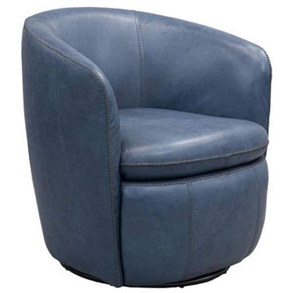 Benjara Niko Blue Leather Side Chair with Round Barrel Design