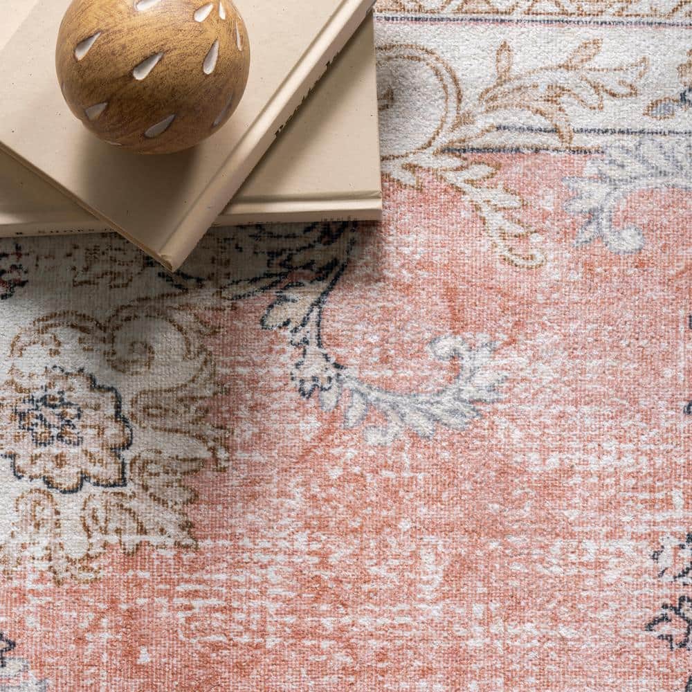 Ivory Floral Synthetic Washable Rectangular Area Rug