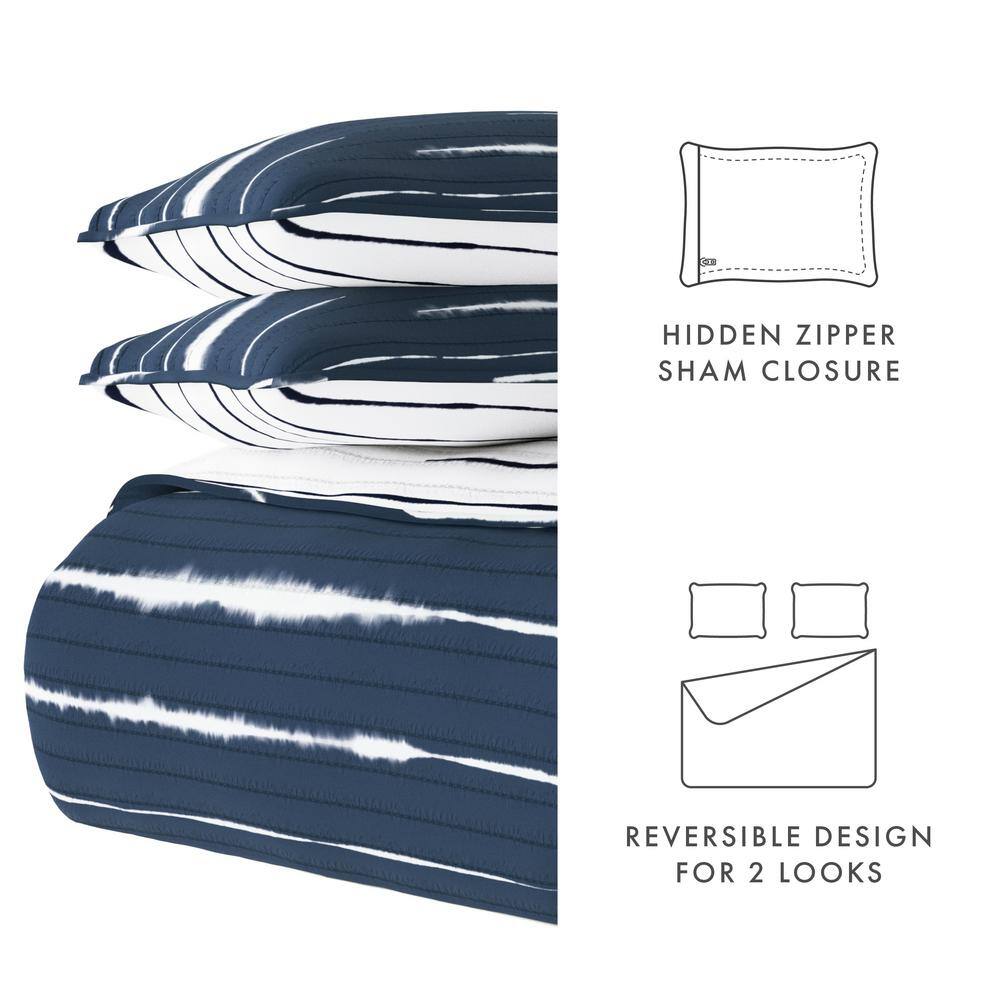 Navy and White Reversible Microfiber Full Quilt Set