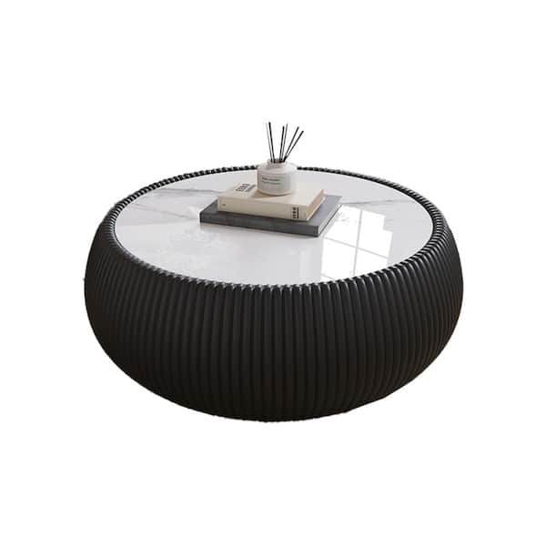 27.55 in. Grey Sintered Stone Drum Shape Leather Coffee Table with Unique Pattern durable construction