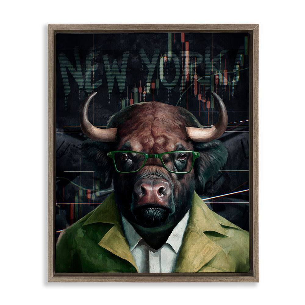 Stylish Bull New York by Svetlana Aleynikova Brown Floater Frame Animal Graphic Art Print 31 in. x 25 in. price history on PriceWatchPro