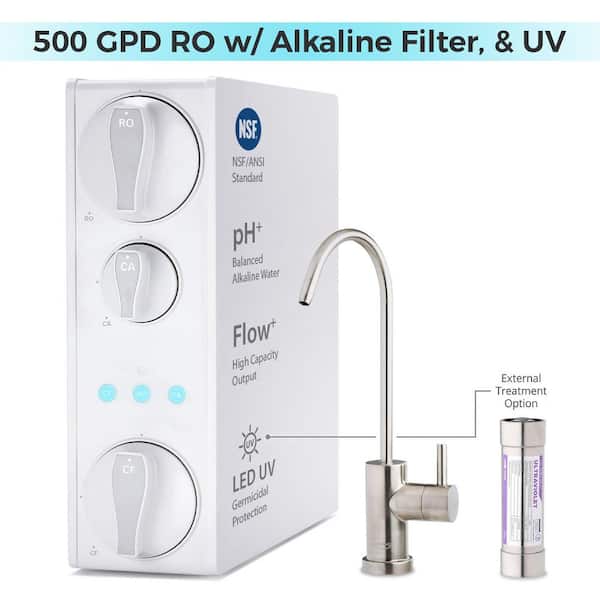 NSF-Certified 500 GPD Under Sink Tankless RO Water Filter System w/ Alkaline and UV, Brushed Nickel Faucet