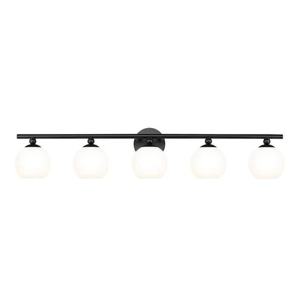 Unbranded Neoma 38.25 in. 5-Light Matte Black Vanity Light with Opal Etched Glass Shade with No Bulbs Included