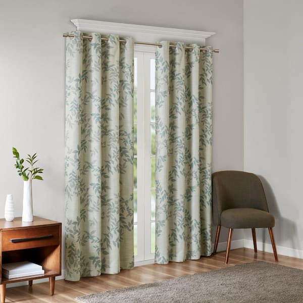 Madison Park April Aqua Printed Botanical 50 in. W x 84 in. L Blackout Grommet Top Curtain