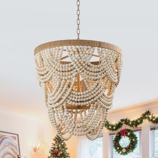 Flint Garden Modern Boho Dining Room Chandelier 4-Light Distressed White Island Chandelier with Wood Beads and Rope