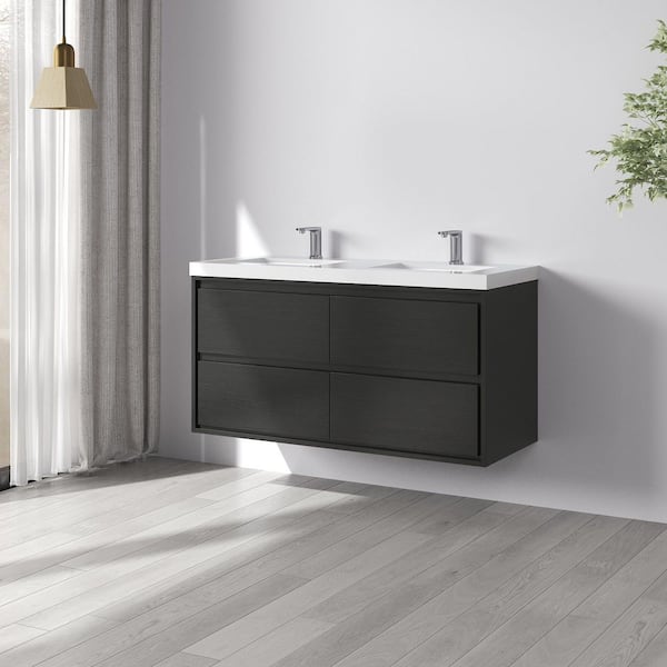 Purus 48 in. W x 20 in. D x 26 in. H Double Sink Wall Mounted Bath Vanity in Black Oak with White Cultured Marble Top