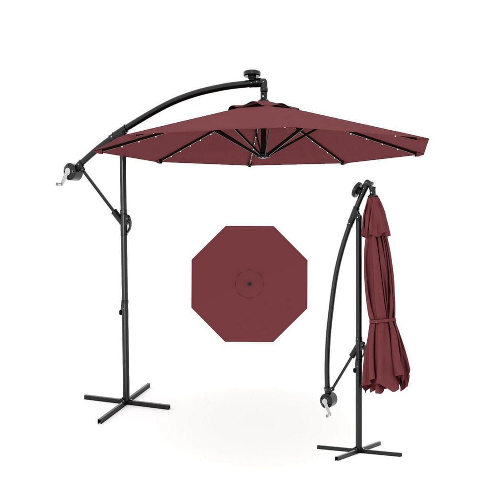 10 ft. Steel Solar LED Lighted Cantilever Offset Patio Umbrella with Crank Lift & Cross Base in Claret price history on PriceWatchPro