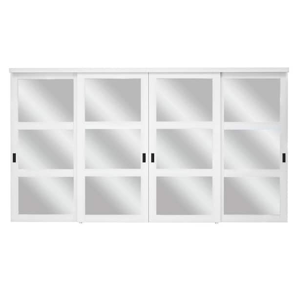 144 in. x 80 in. Solid Core 3-Lite Mirror White Primed MDF Interior Closet Sliding Door with Hardware