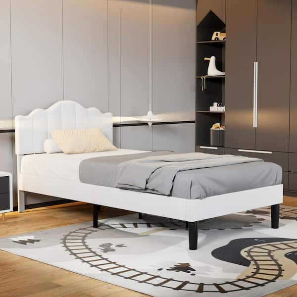 VECELO Adjustable Upholstered Bed, White Metal Frame Twin Platform Bed with Noise-Free Wood Slat Support, No Box Spring Needed
