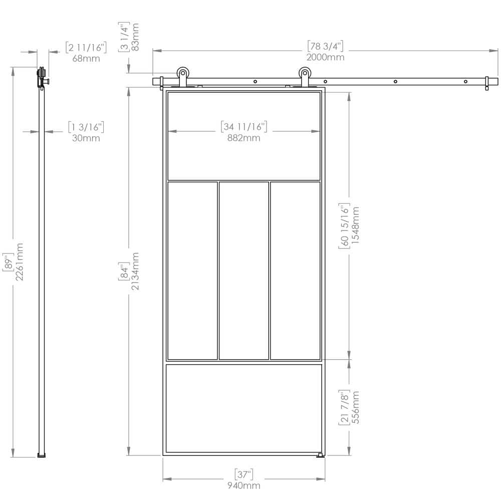 Division 37'' x 84'' Clear Glass Black Metal Sliding Barn Door