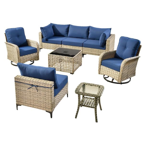 Vinceny Gray 8-Piece Wicker Patio Conversation Set with Navy Blue Cushions and Swivel Chairs