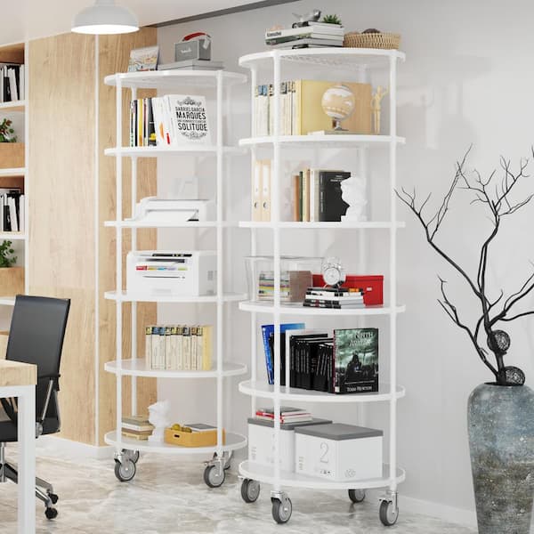 FUNKOL 6-Shelf White Heavy-Duty Steel Round Shelf with 4 Wheels, 2400 lbs. (29.17 in. x 29.17 in. x 84.53 in.)