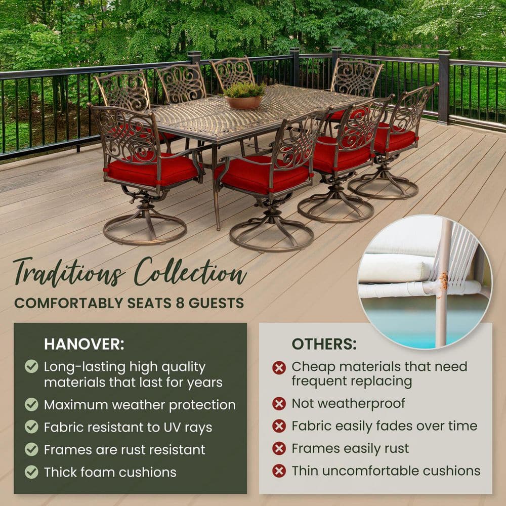 Hanover 9-Piece Bronze Aluminum Outdoor Dining Set with Red Cushions