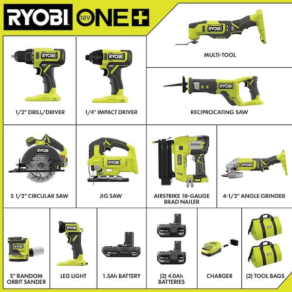 fantastisk Støvet snave RYOBI ONE+ 18V 10-Tool Combo Kit with (1) 1.5 Ah Battery and (2) 4.0 Ah  Batteries and Charger PCL2001K3N - The Home Depot