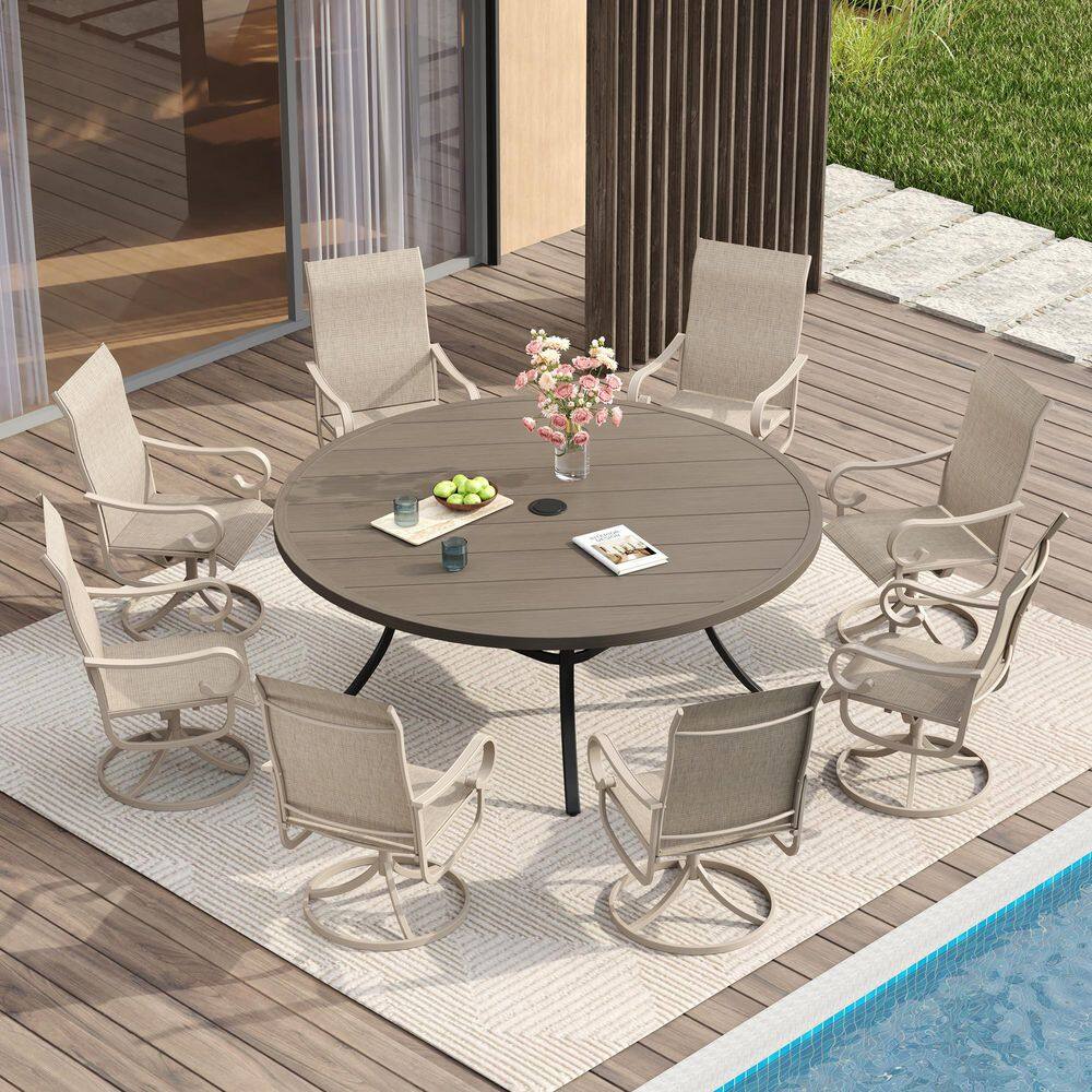 9-Piece Outdoor Patio Dining Set with 60 in. Gray Wood-Like Metal Round Table and 8-Sandshell Textilene Swivel Chairs price history on PriceWatchPro