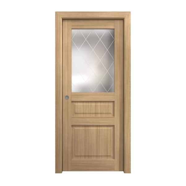 36 in. x 96 in. Frosted Glass Natural Oak Solid Wood Pocket Door With Hardware