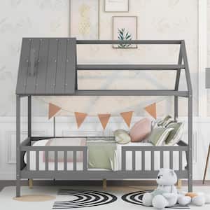 Gray Full Size House Bed with Fence for kids, Toddlers Platform Bed with Slats Support, No Box Spring Needed