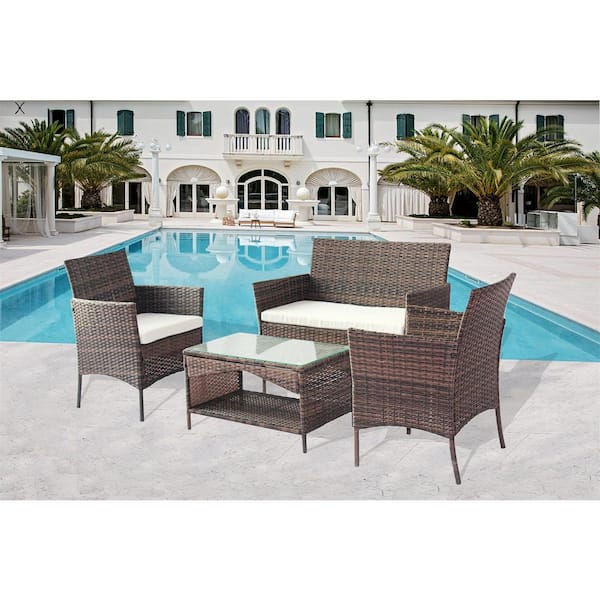 Afoxsos Brown 4-Piece Wicker Outdoor Sectional Set with Beige Cushions