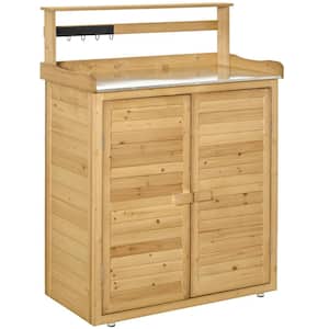 34 in. W x 17.7 in. D x 47 in. H Natural Fir Wood Outdoor Storage Cabinet with Tabletop, Hooks and Shelves
