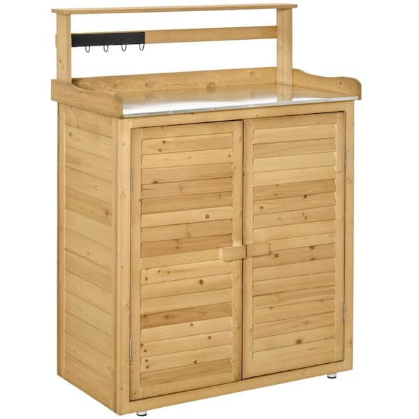 Unbranded 34 in. W x 17.7 in. D x 47 in. H Natural Fir Wood Outdoor Storage Cabinet with Tabletop, Hooks and Shelves