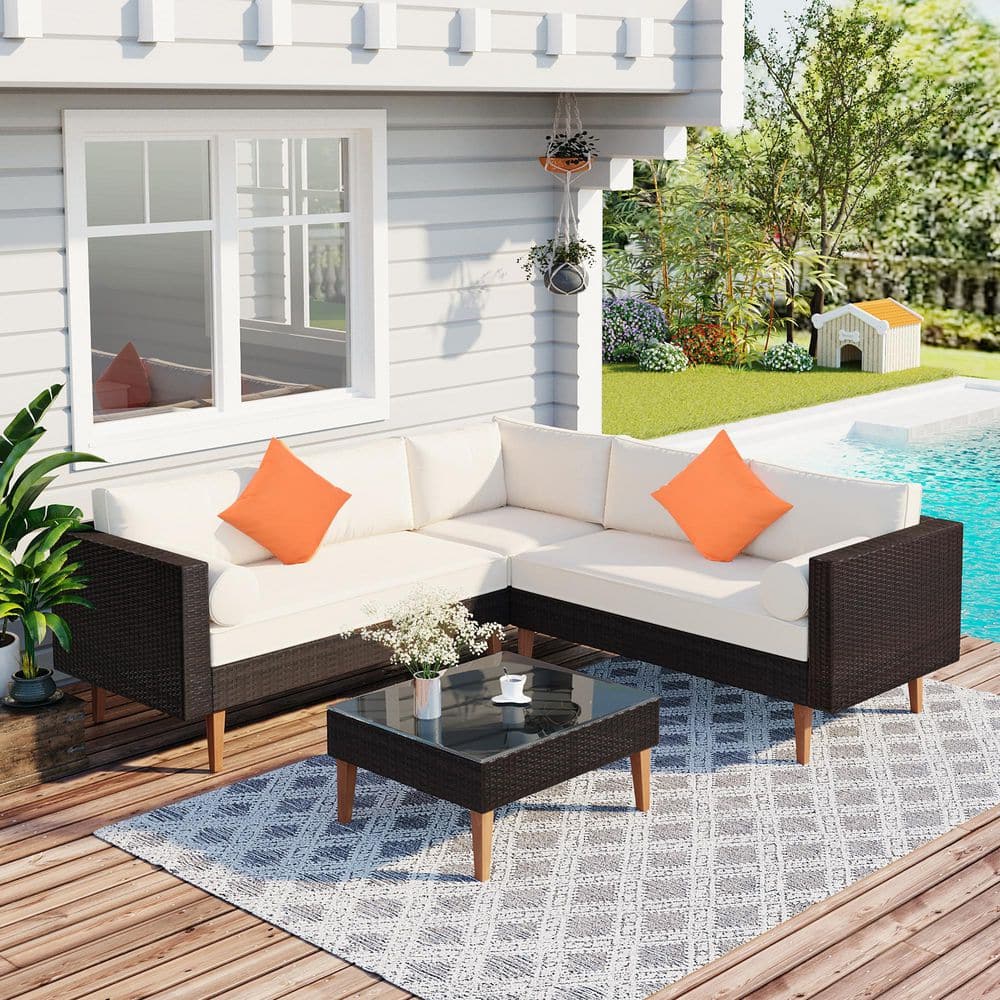 Brown 4-Piece Wicker Outdoor Sectional Set, Patio Rattan L-Shape Sofa Set w