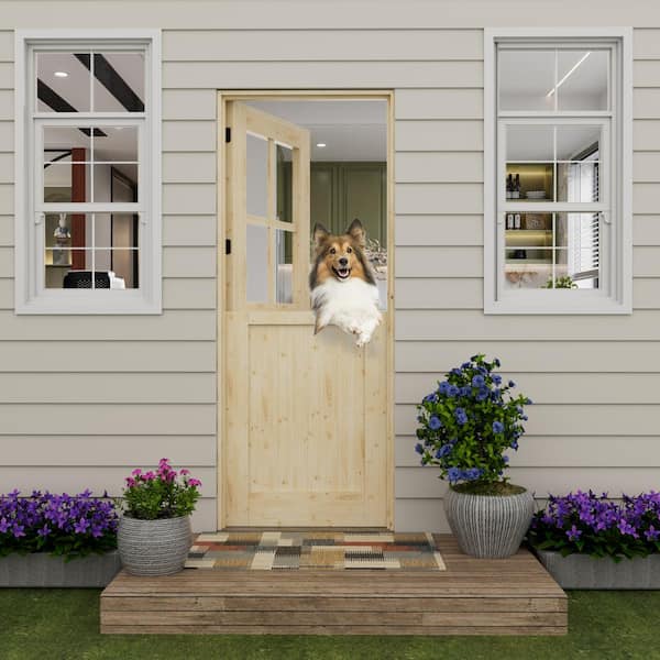 30 in. x 80 in. Solid Pine Universal 4Lite Clear Glass Unfinished Dutch Wood Prehung Front Door with Quick Assemble Jamb