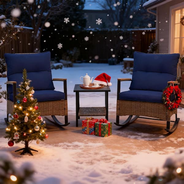3-Piece Brown Wicker Outdoor Rocking Chair Set with Blue Cushion and Double-Layer Storage Coffee Table