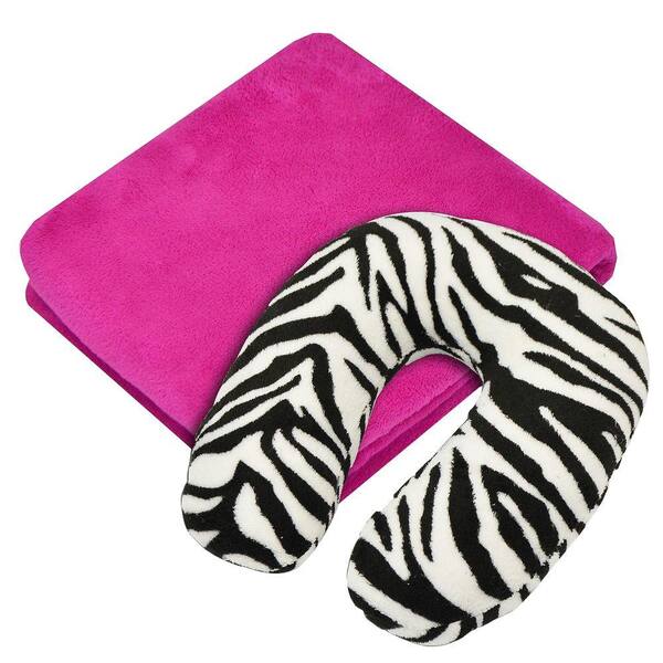Vue Jet Set Pink Polyester Neck Roll Throw Gift Set