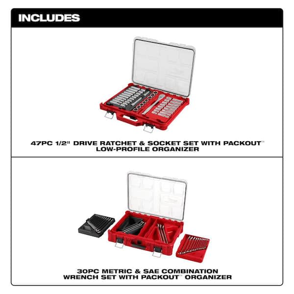 1/2 in. Drive SAE/Metric Ratchet and Socket Mechanics Tool Set & Metric/SAE Combination Wrench Set w/ PACKOUT (77-Piece)