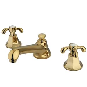 French Country 8 in. Widespread 2-Handle Bathroom Faucets with Brass Pop-Up in Polished Brass