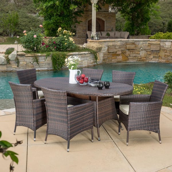 Noble House Dana Multi-Brown 7-Piece Faux Rattan Outdoor Patio Dining Set