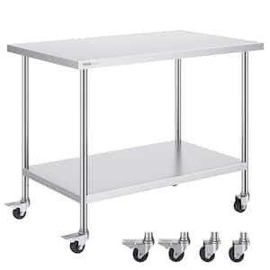 Stainless Steel Work Table 30 x 48 x 38 In., Silver Kitchen Prep Table  with 4 Wheels, 3 Adjustable Height Levels