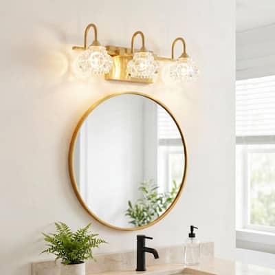 17 in. 3 Light Golden Vanity Light Fixture Bathroom Over Mirror Wall Lights with Crystal Glass Shade