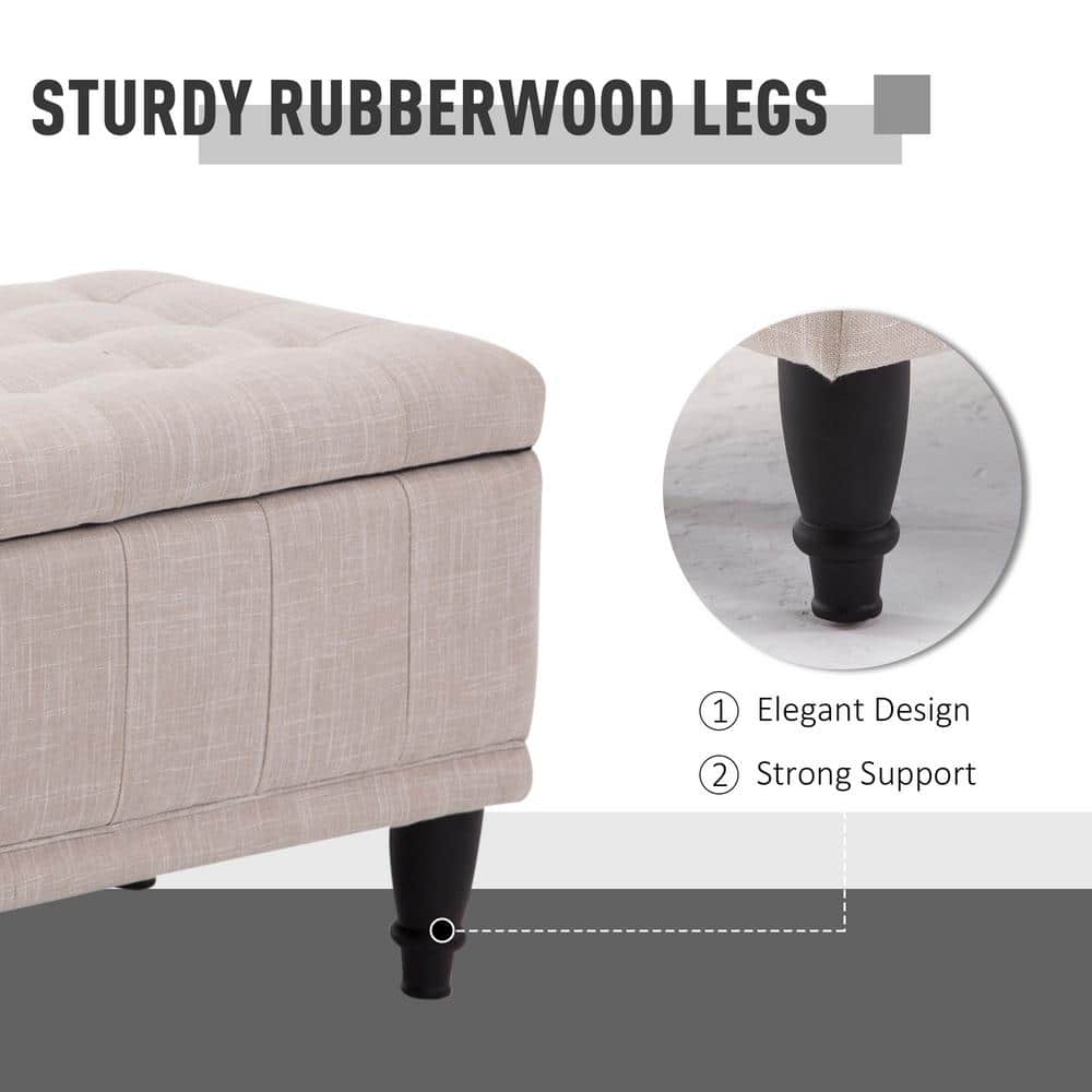 Beige Linen Tufted Storage Ottoman Bench with Hardwood Legs